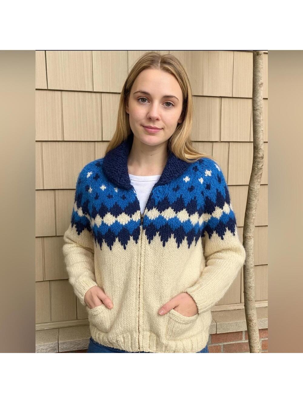 Vintage hand knit curling cowichsn retro argyle zip up sweater